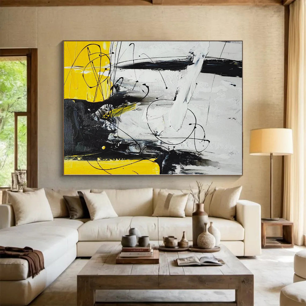 “Black - Yellow - White Abstract Tangled Lines” - Energetic Abstract Painting On Canvas PS0318