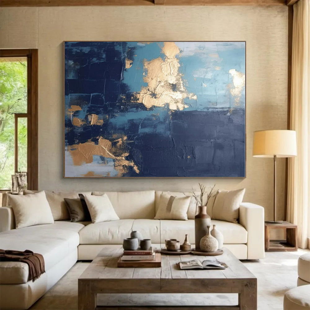 “Teal - Navy - Gold Abstract Textured Splashes” Painting On Canvas PS0837