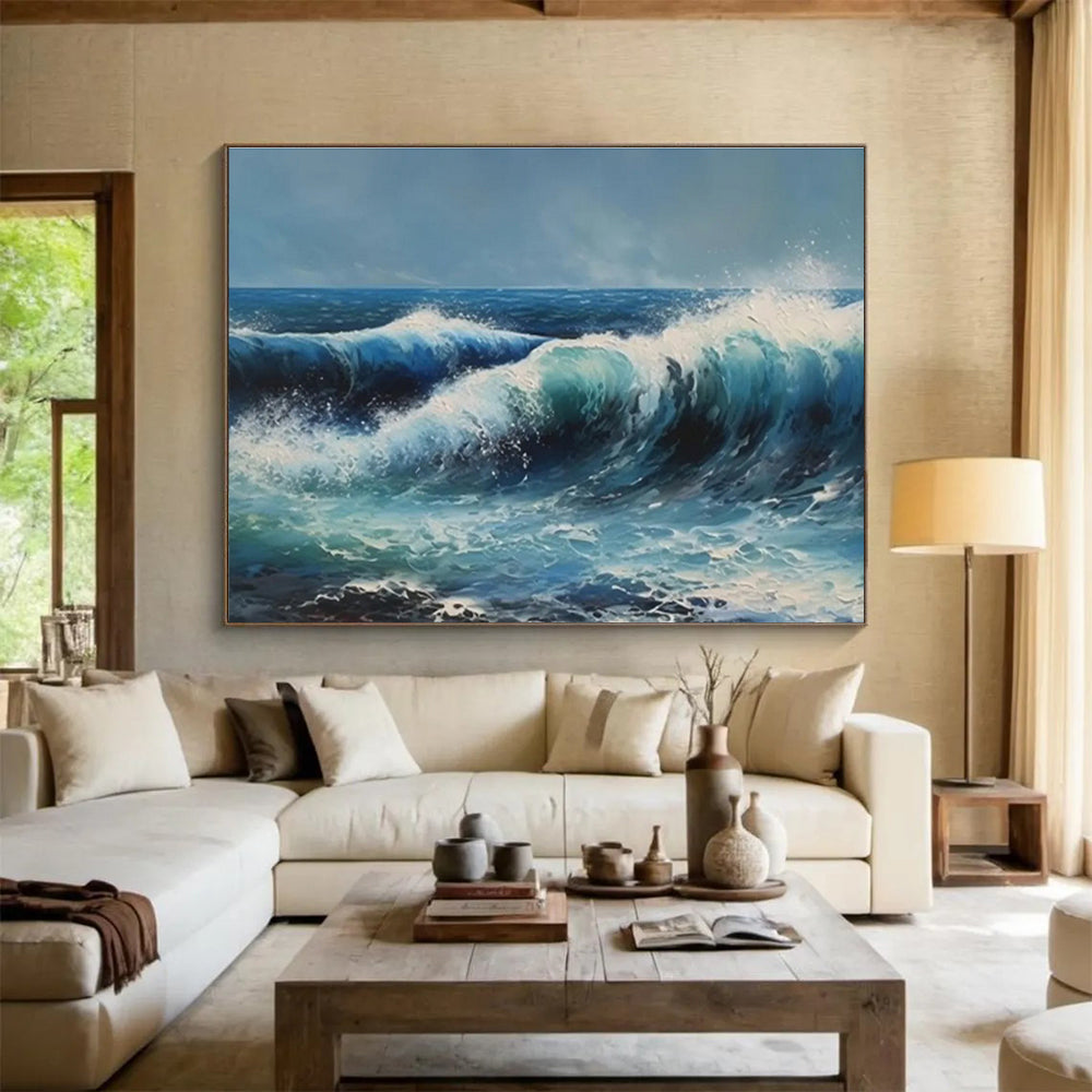 Vibrant Ocean Waves in Blues - Realistic Seascape Painting On Canvas DKS324