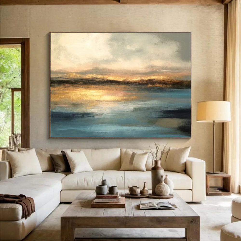 Golden Horizon on Blue - Serene Landscape Painting On Canvas DKS340