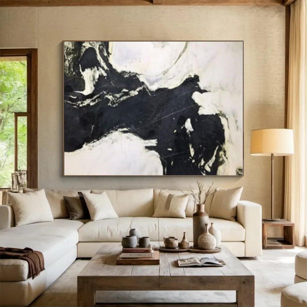 “Black - White Abstract Flow” - Black, White Abstract Expressionist Painting On Canvas PS0733