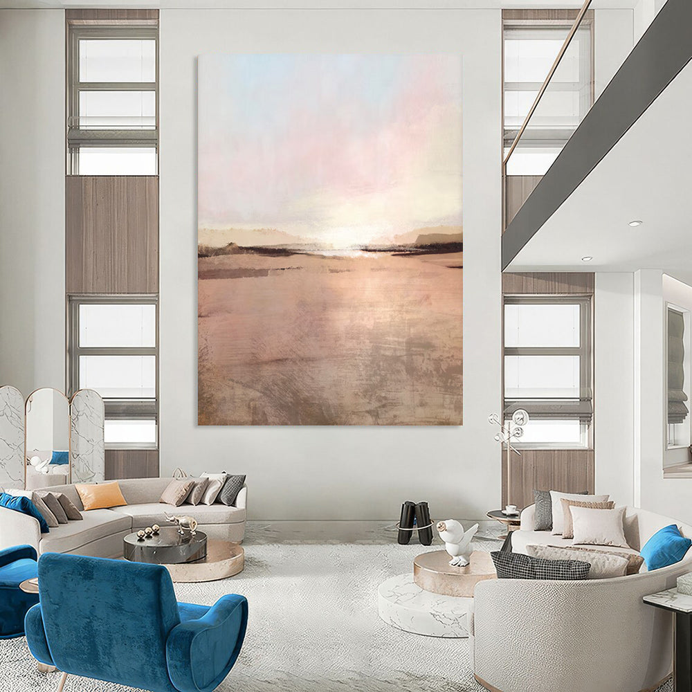 “Blush Sunset Glow” - Pastel Pink & Warm Beige Horizon Painting On Canvas DS163