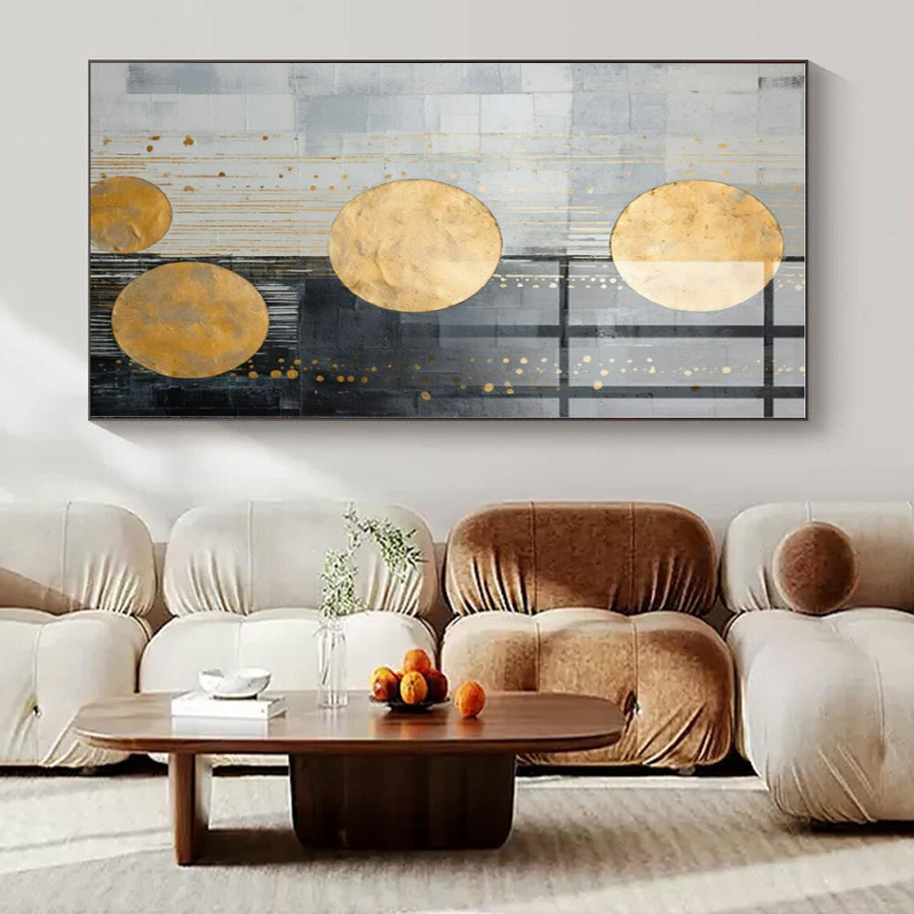 Gold Circles on Gray Abstract - Geometric Metallic Abstract Painting On Canvas PS1241