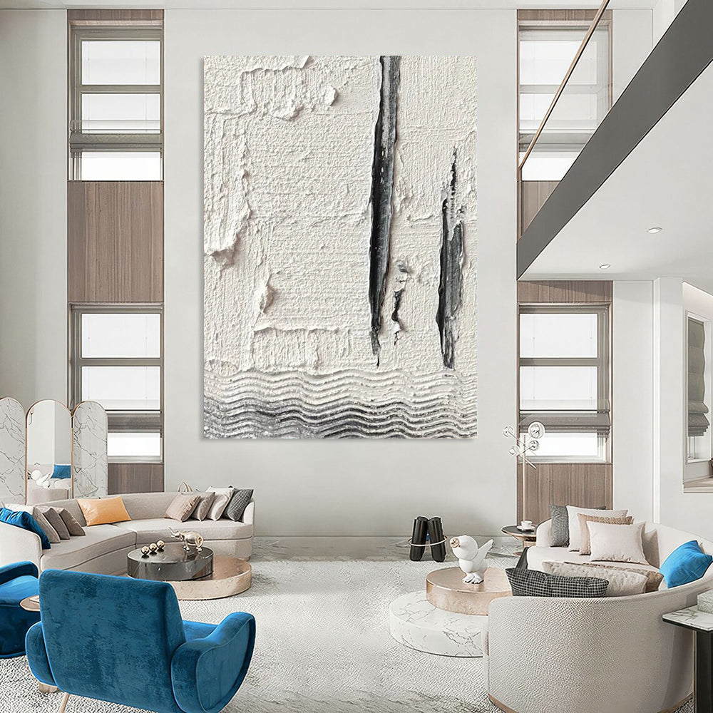 “Textured White with Grey Lines and Waves” - Minimalist Abstract Painting On Canvas DS371