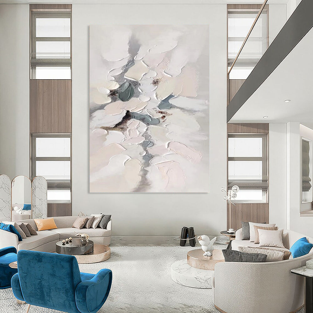 “White - Grey Abstract Blossoms” - Impasto Abstract Painting On Canvas PT1174