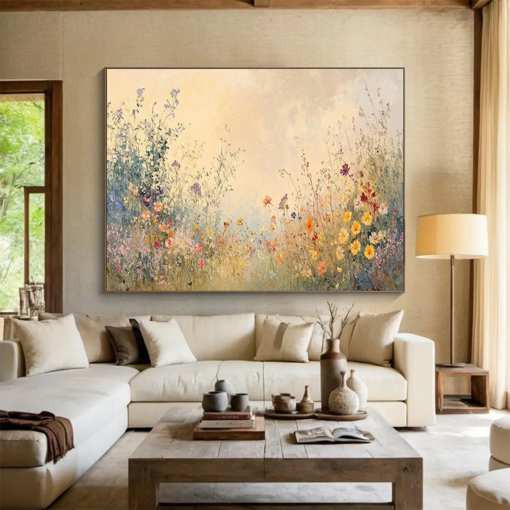 “Misty Wildflower Reverie” - Soft Pastel Floral, Impressionistic Field Painting On Canvas DKS693