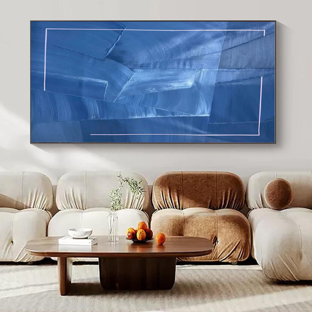 Blue with Layered Textures and White Frame "Blue Layers" Abstract Painting On Canvas PS1322