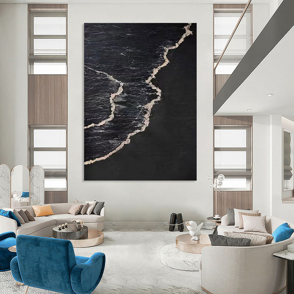 “Black and White Waves: Minimalist Ocean Art” - Bold Coastal Abstract On Canvas PT0959