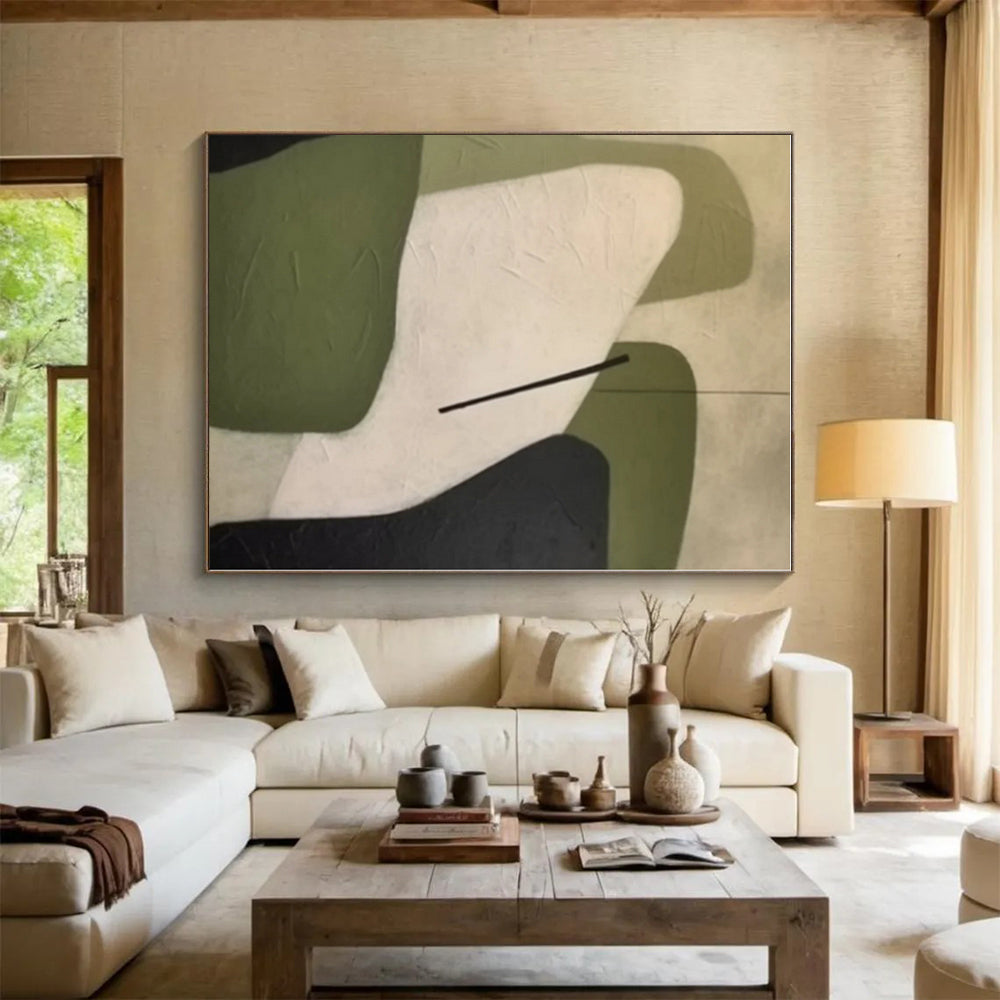 “Geometric Shapes in Green & Neutral” - Green, White, Black Abstract Geometric Painting On Canvas PS0575