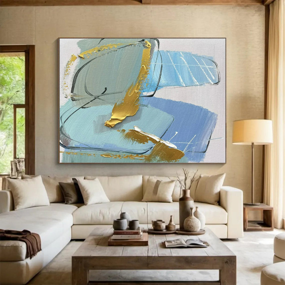 Blue, Gold, Gray Delicate Forms “Ocean’s Treasure” - Painting On Canvas PS0796