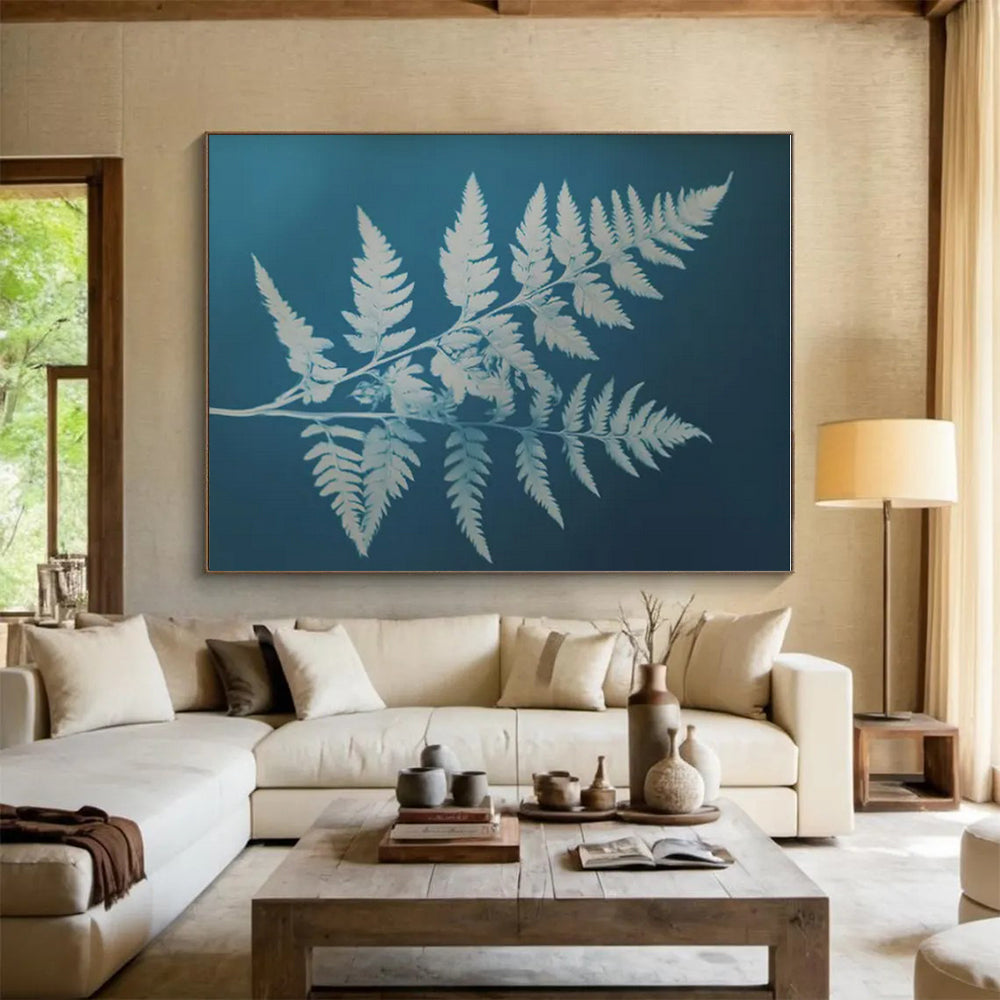 White Ferns on Blue, "Fern Fantasy" – Botanical Silhouette Painting On Canvas PS0874