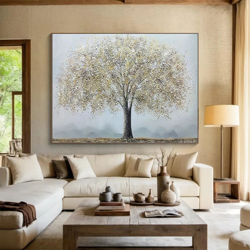 “Golden - White Canopy Tree” - Impasto - Textured Painting On Canvas PT1526