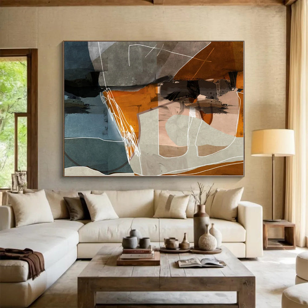 “Orange - Gray Geometric Collage” - Orange, Gray, Blue Abstract Geometric Painting On Canvas PS0567