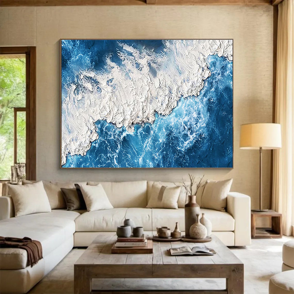 “Textured Blue Coast” - Blue, White & Gray Seascape, Impasto Oil Painting On Canvas DKS785