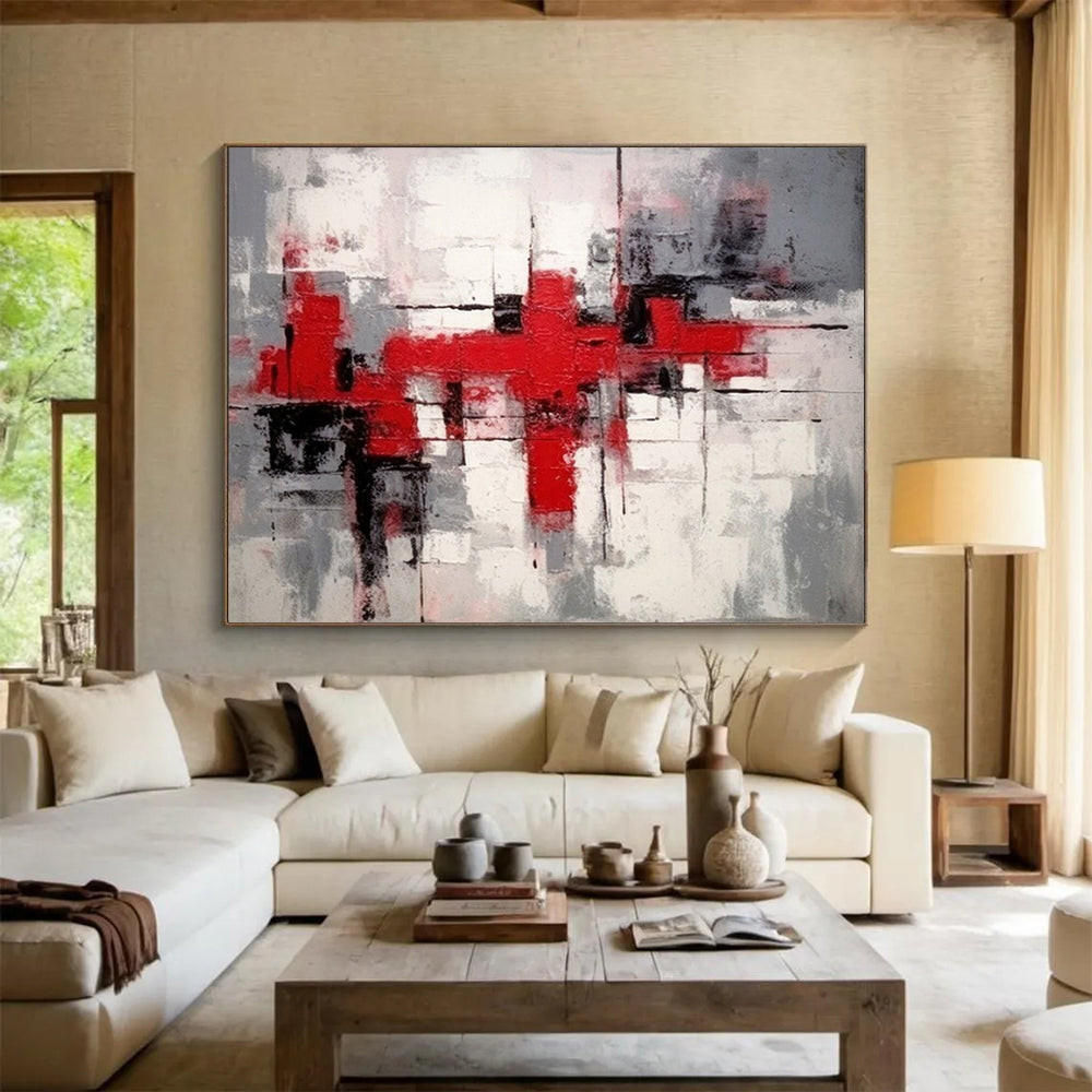 “Red - Gray Abstract Blocks” - Bold Red “Urban Pulse” Painting On Canvas PT1637