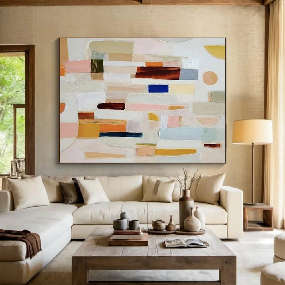 “Colorful Abstract Blocks” - Multicolor, Pink, Blue, Yellow, Brown Abstract Cubist Painting On Canvas PS0659