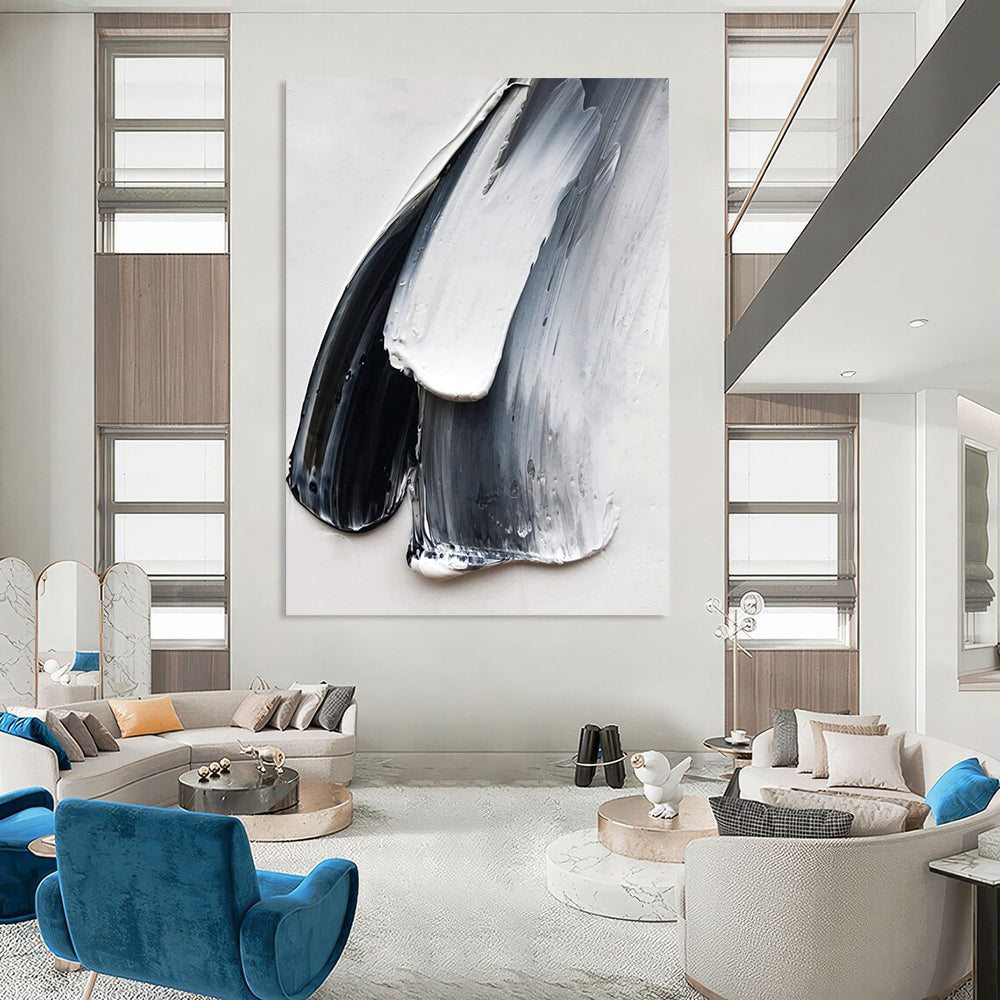 “Black, White & Gray Textured Strokes” - Abstract, Tactile - Styled Painting On Canvas PT1676