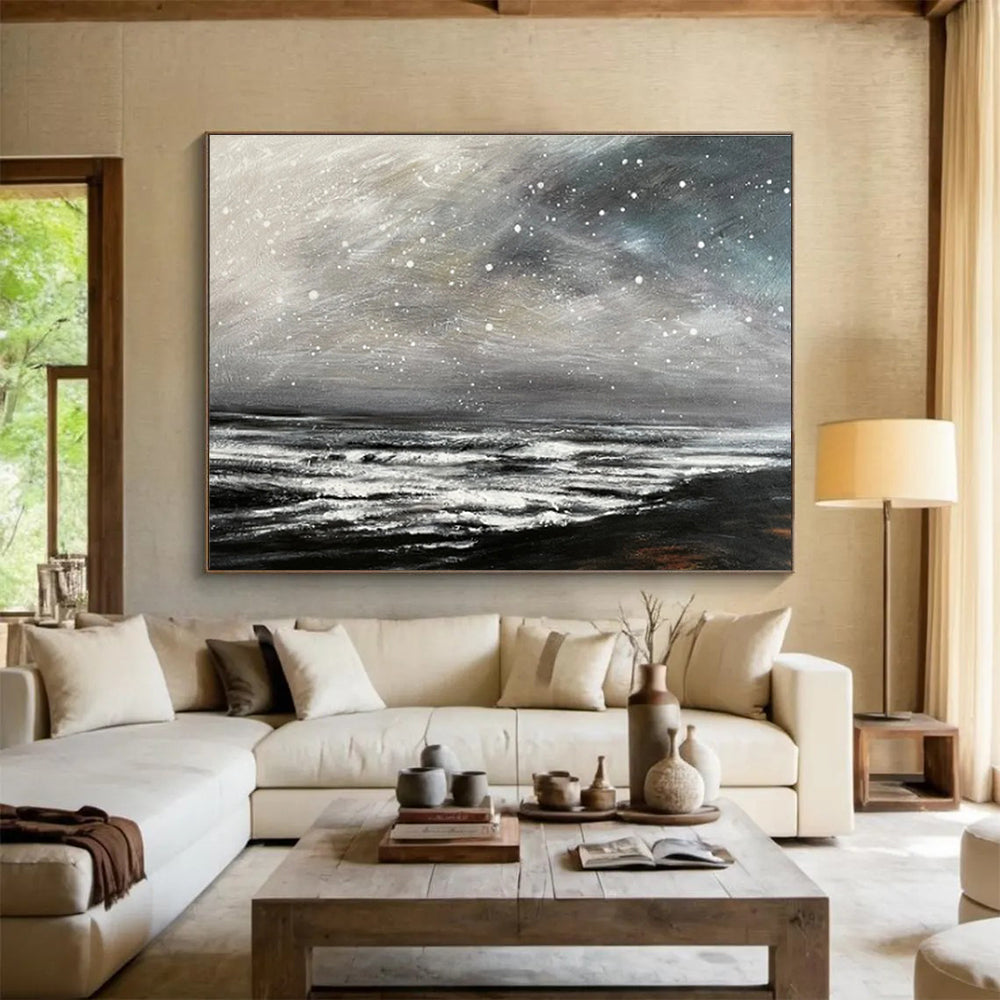 Grey Sky with Snow Over Dark Sea Seascape Painting On Canvas DKS109