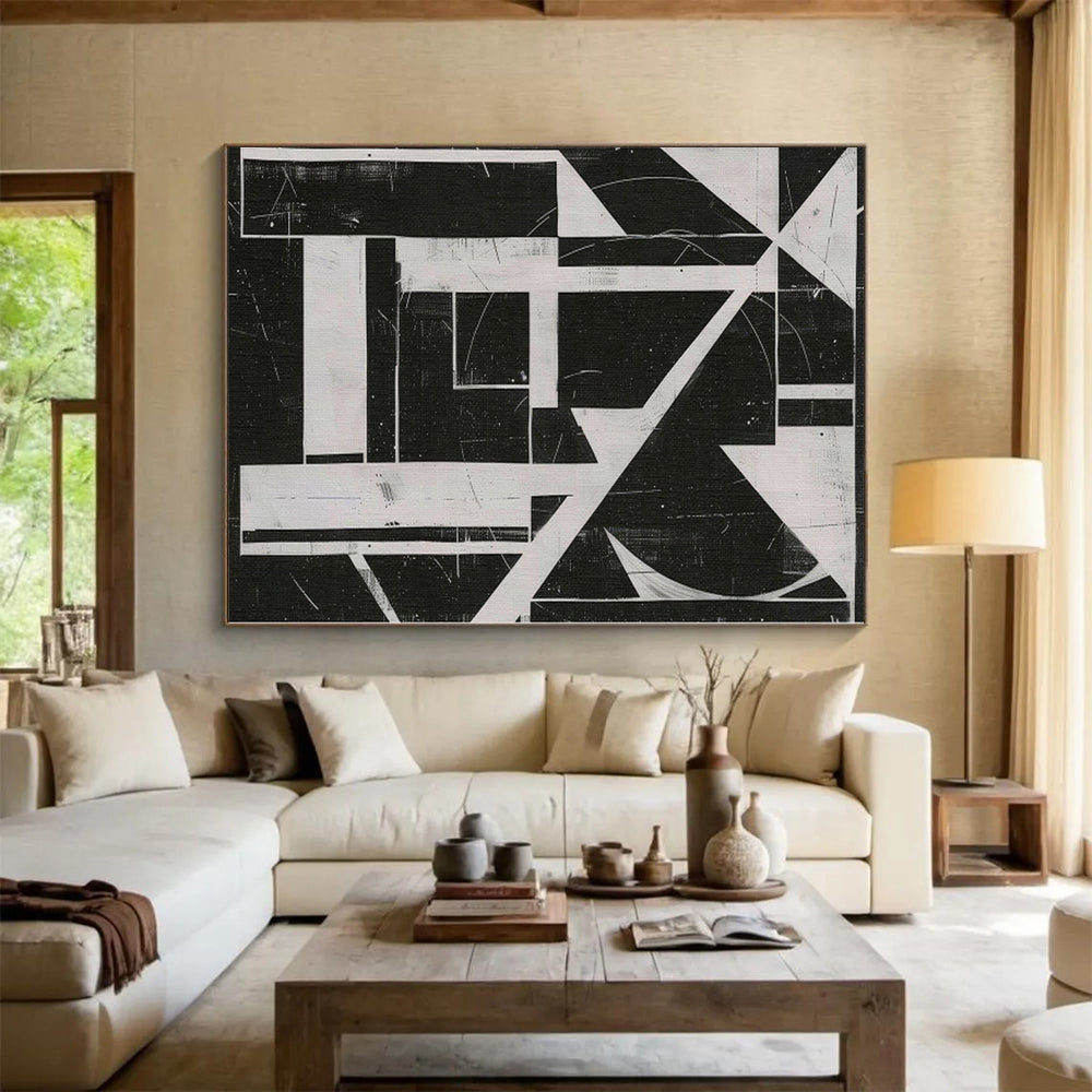 “Geometric Abstract in Black and White” - Constructivist Abstract Painting On Canvas PS0263
