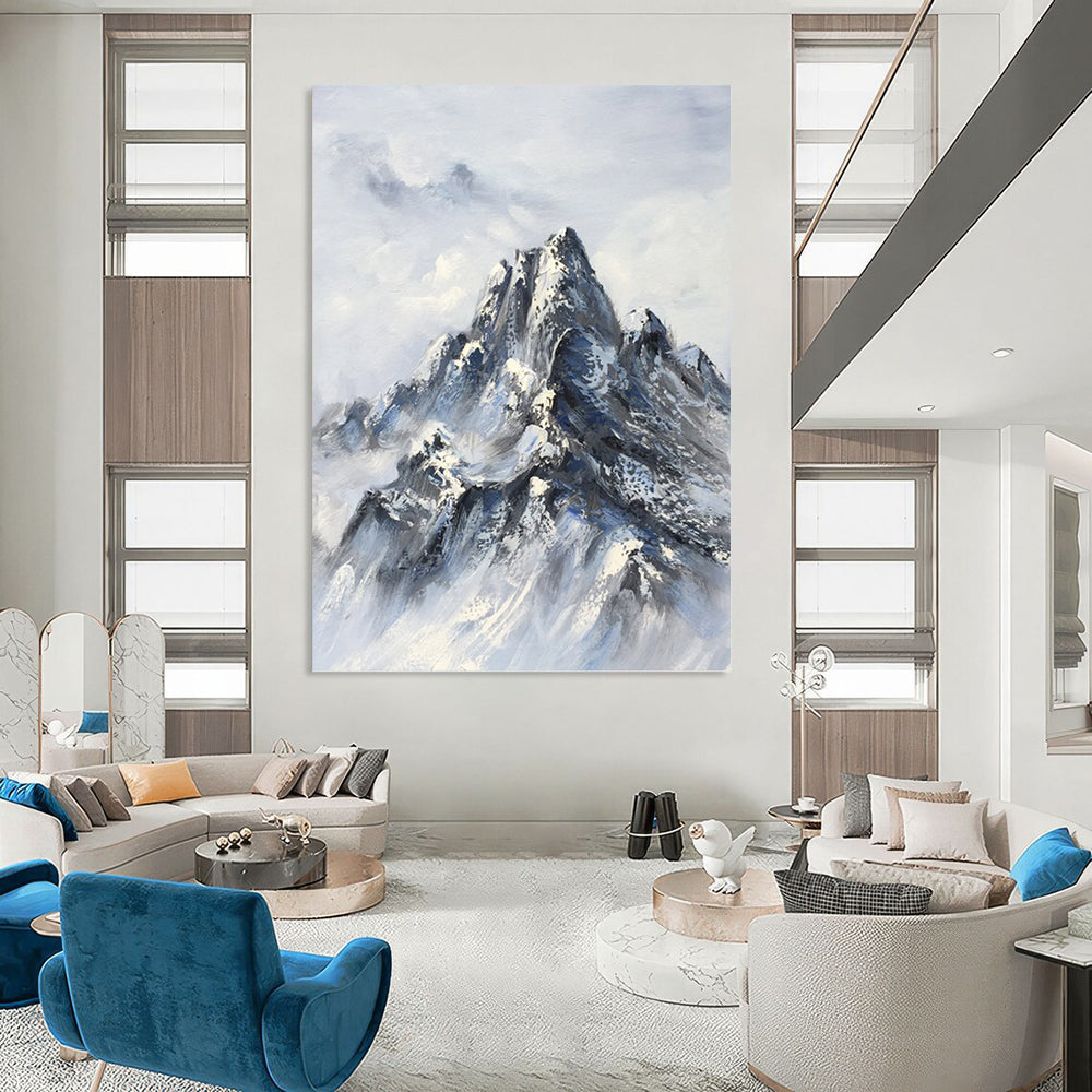 “Blue - Grey Snowy Mountain” - Impressionist Landscape Painting On Canvas PT1259