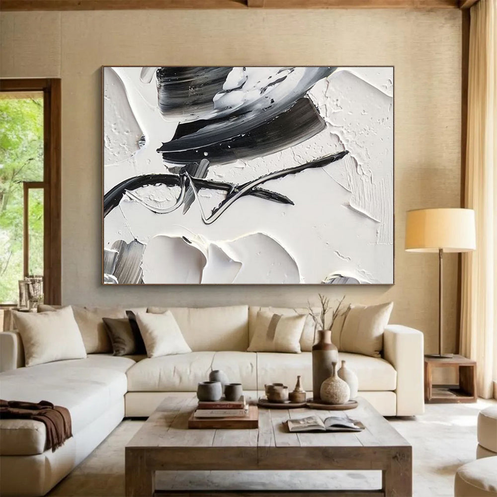 “Textured Black - White Abstraction” - Black, White Abstract Minimalist Painting On Canvas PS0702
