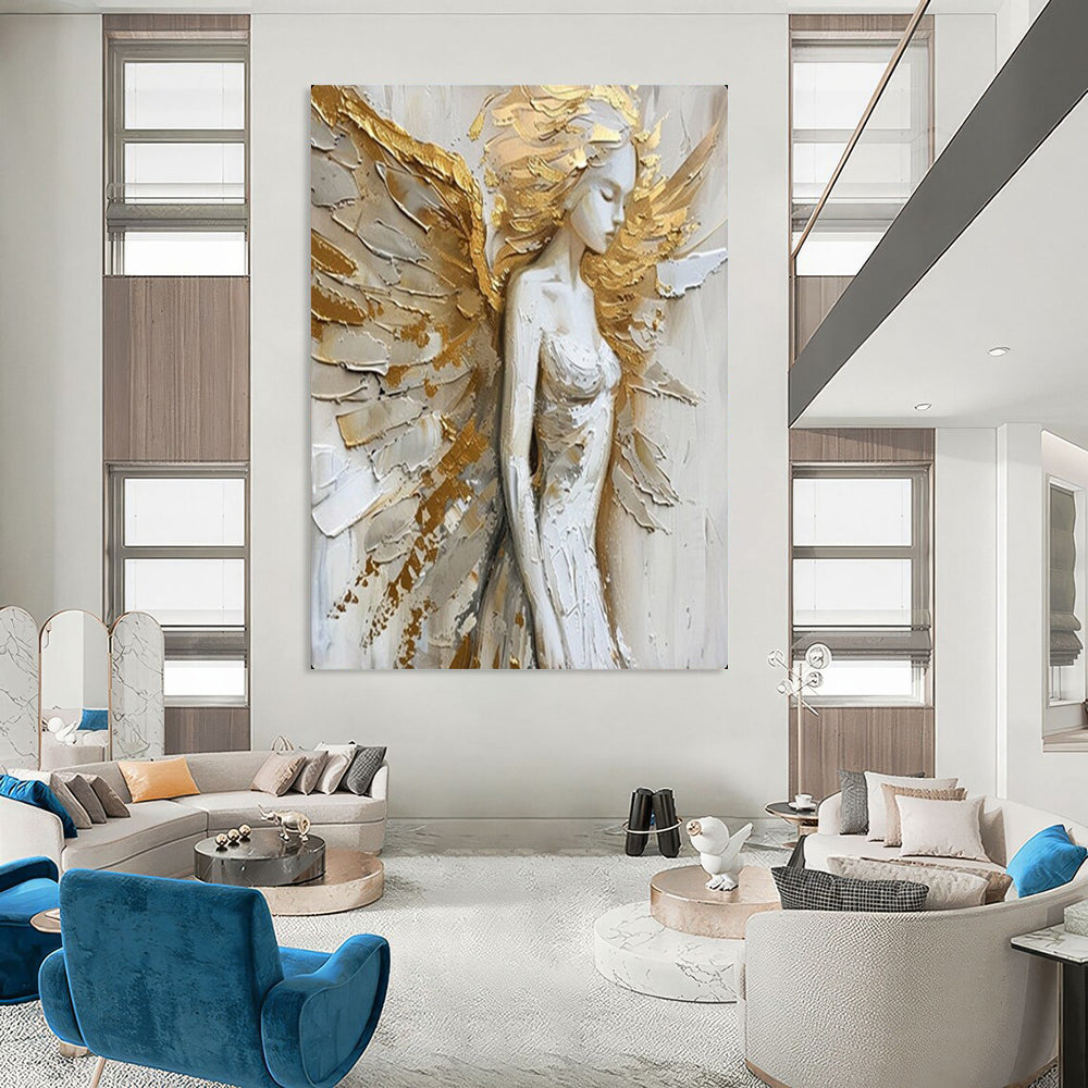 Gold & White Winged Figure, Textured Impressionism, Painting On Canvas PT2138