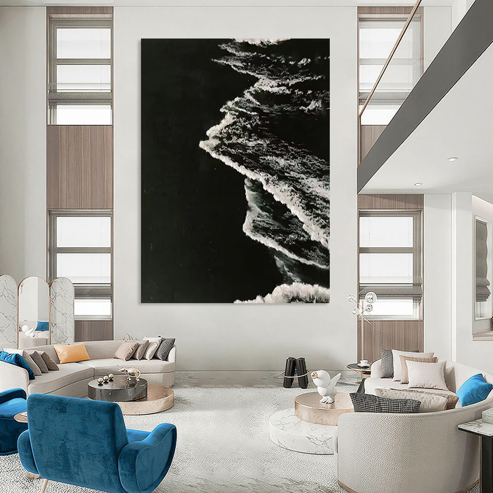“Black and White Textured Wave Abstraction” - Minimalist Ocean Painting On Canvas DS349