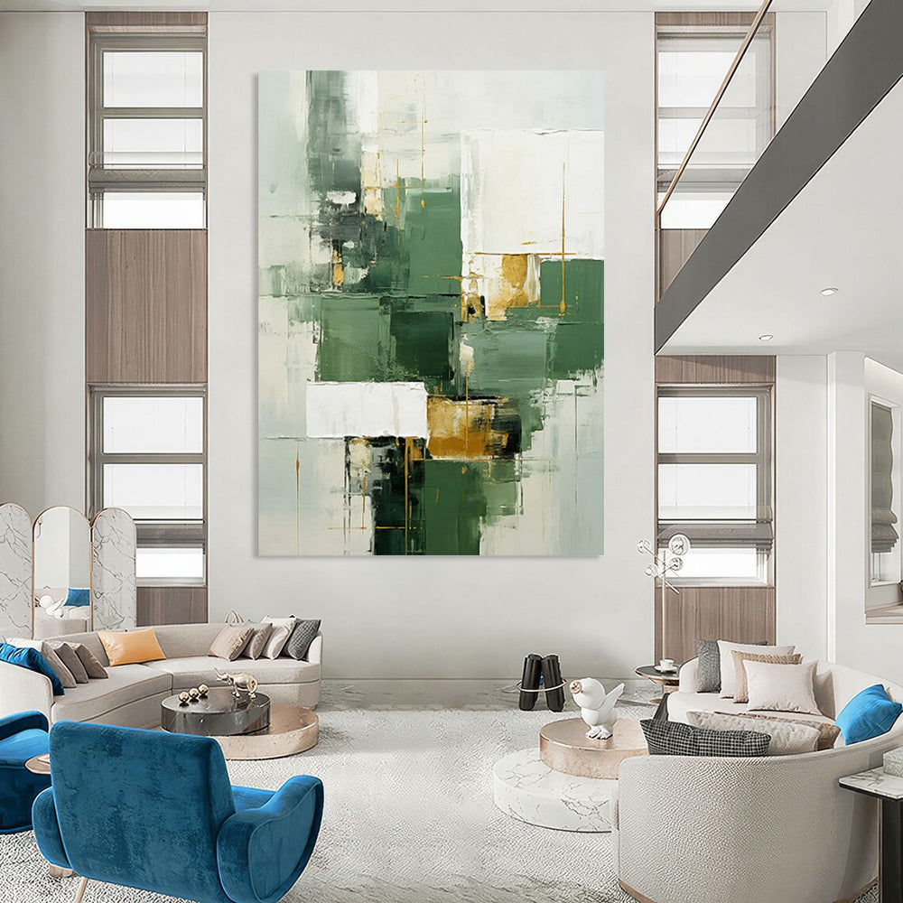 “Green, White, and Gold Abstract” - Cubist Geometric Painting On Canvas PT2290