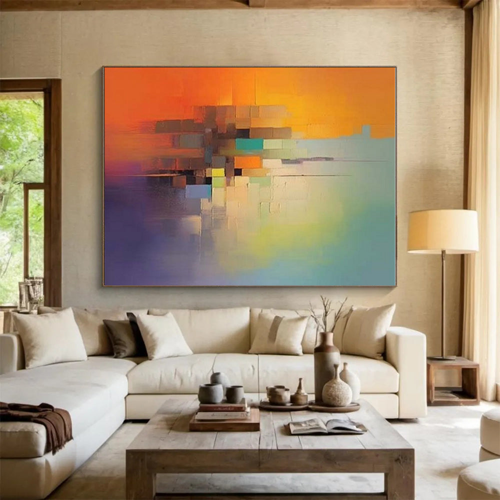 “Color - Blocked Cityscape” - Orange, Green, Blue, Purple Abstract Cityscape Painting On Canvas PS0691