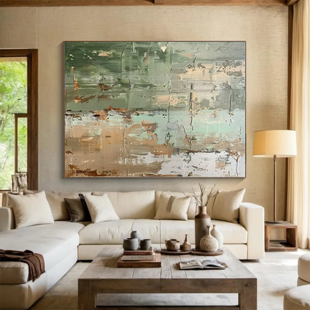 Green, Brown & Gray Textured Abstract "Mossy Wall" Painting On Canvas PS0854