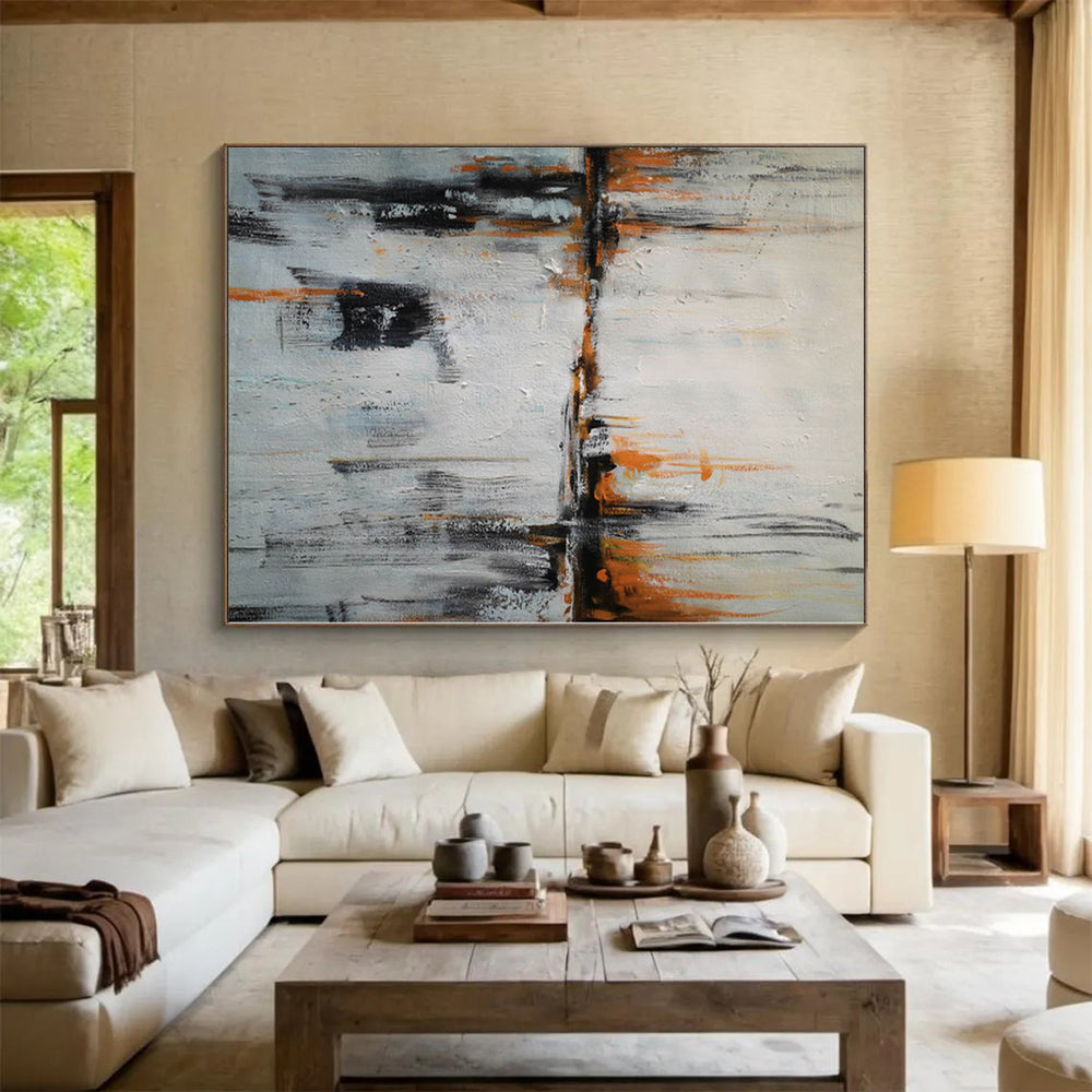 “Orange Reflection” - Gray, Orange Abstract River Scene Painting On Canvas PS0384