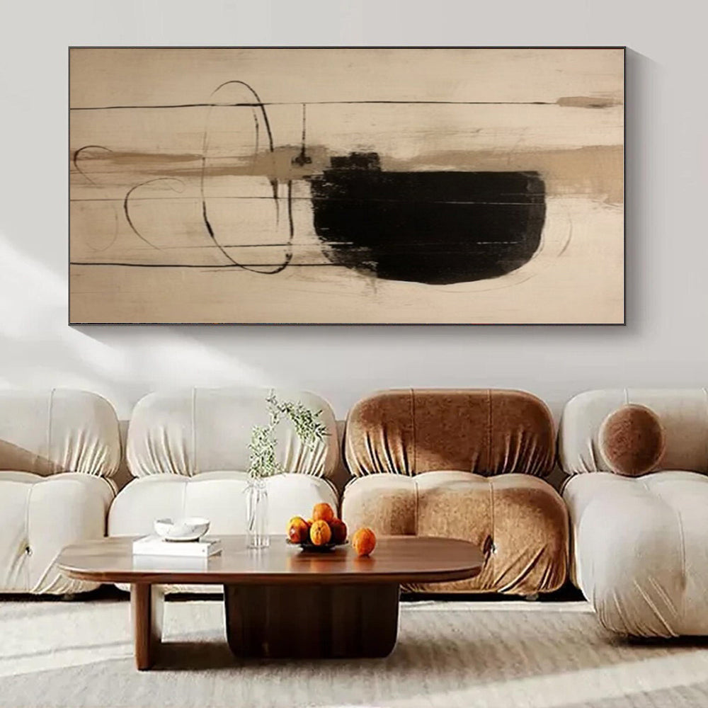 Beige, Black with Line and Shape "Linear Forms" Abstract Painting On Canvas PS1290