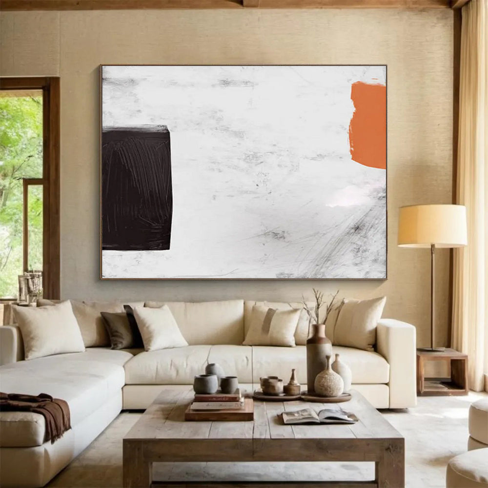 “Minimalist Black, White, and Orange Abstract” - Bold Abstract Painting On Canvas PT146
