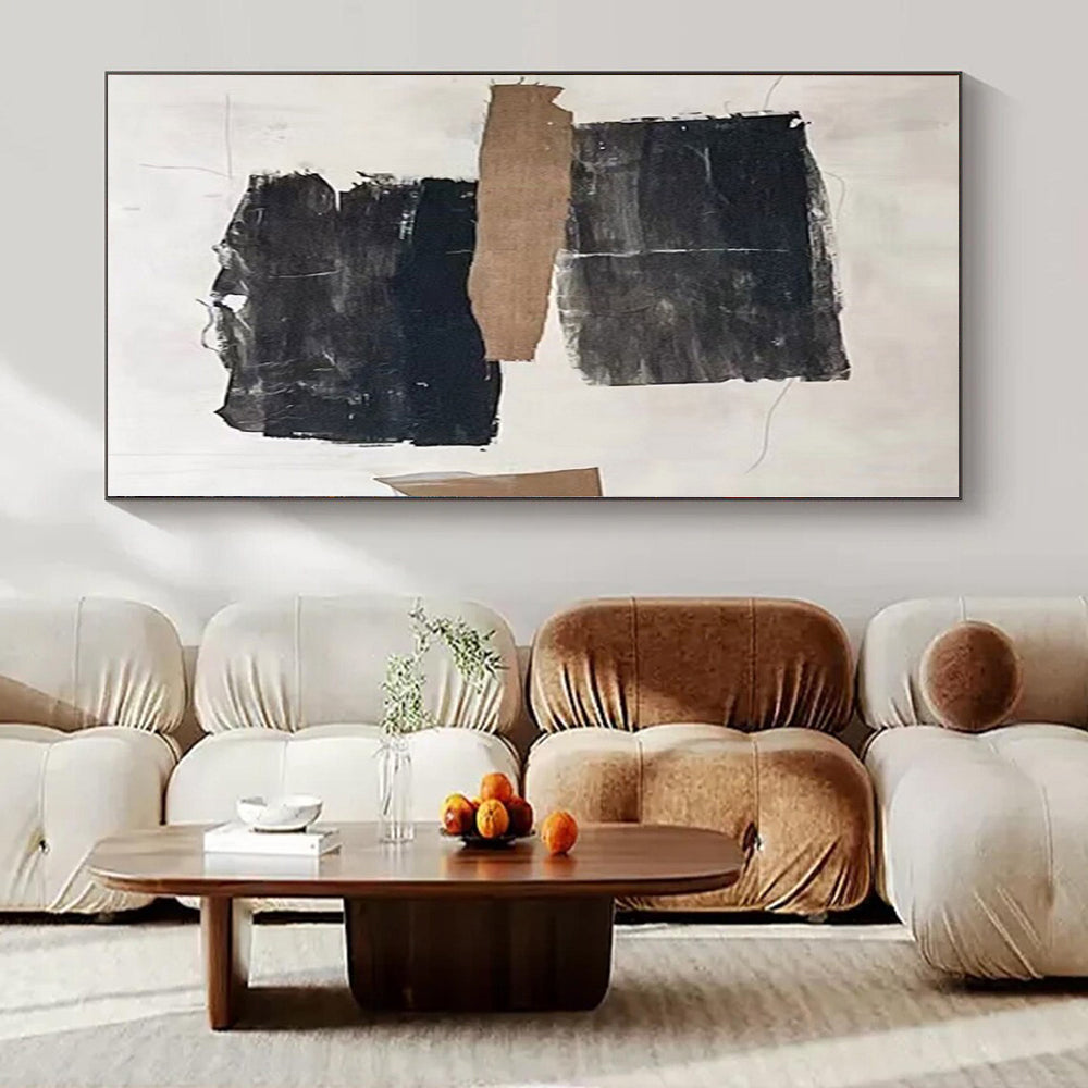 Black, Brown and White with Textured Collage Elements "Raw Fusion" Abstract Painting On Canvas PS1145