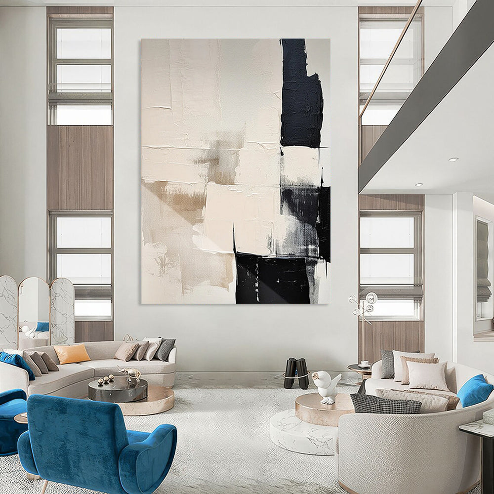 Black - White - Beige Geometric Textures Minimalist Abstract Painting On Canvas DS056