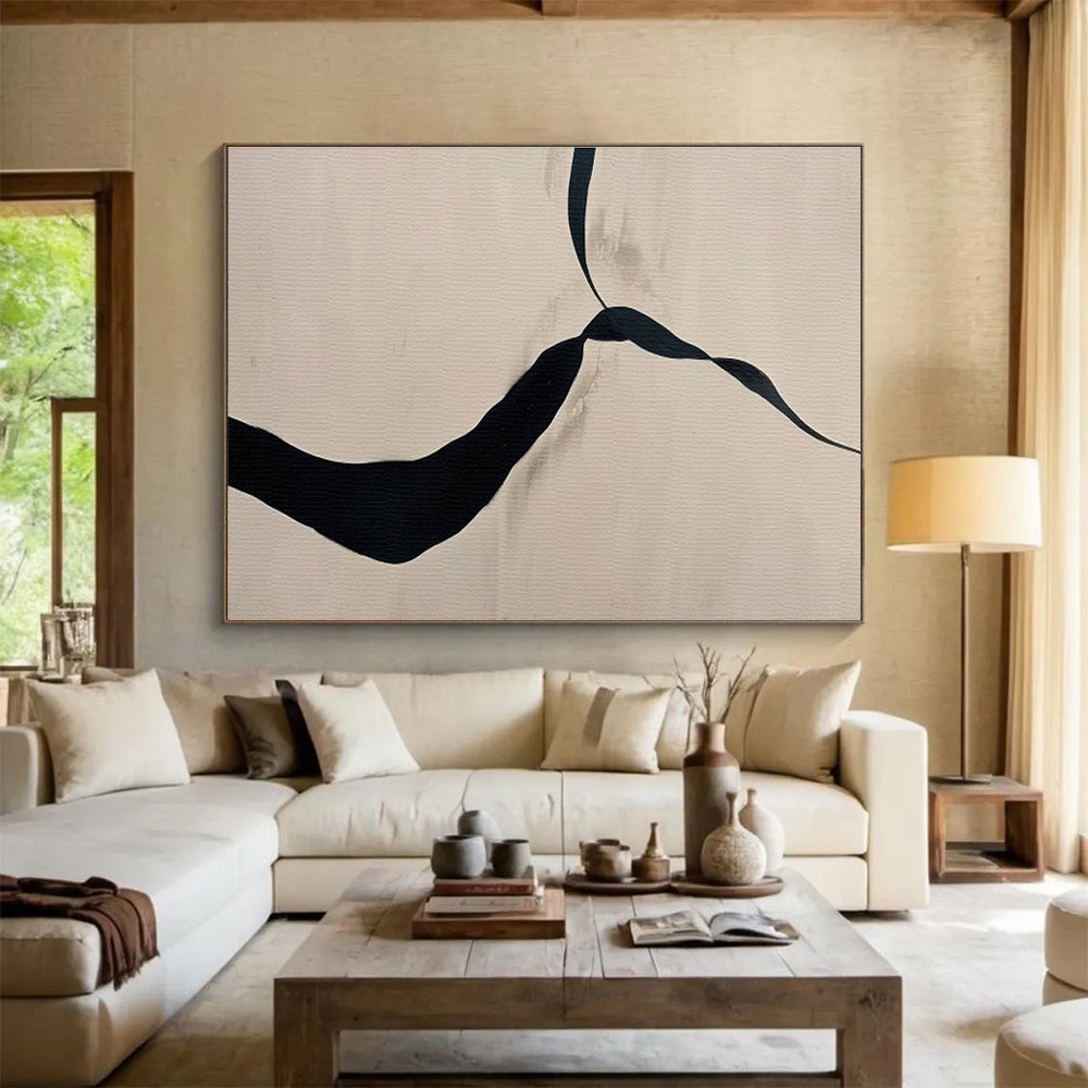 “Black Ribbon Abstract on Beige” - Abstract Painting on Canvas, For Living Room & Studio DKS589