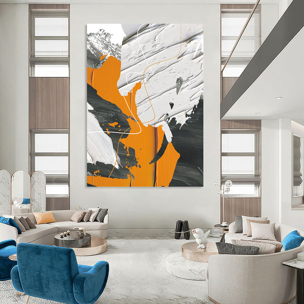 “Orange, Gray, and White Abstract” - Modern, Geometric - Styled Painting On Canvas PT1528