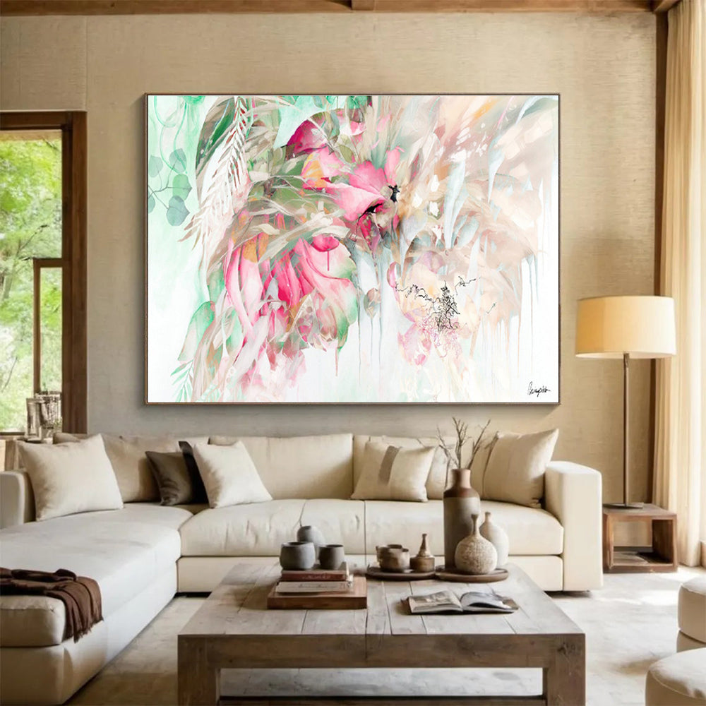 “Pink And Green Floral Cascade” - Floral Painting On Canvas DKS534
