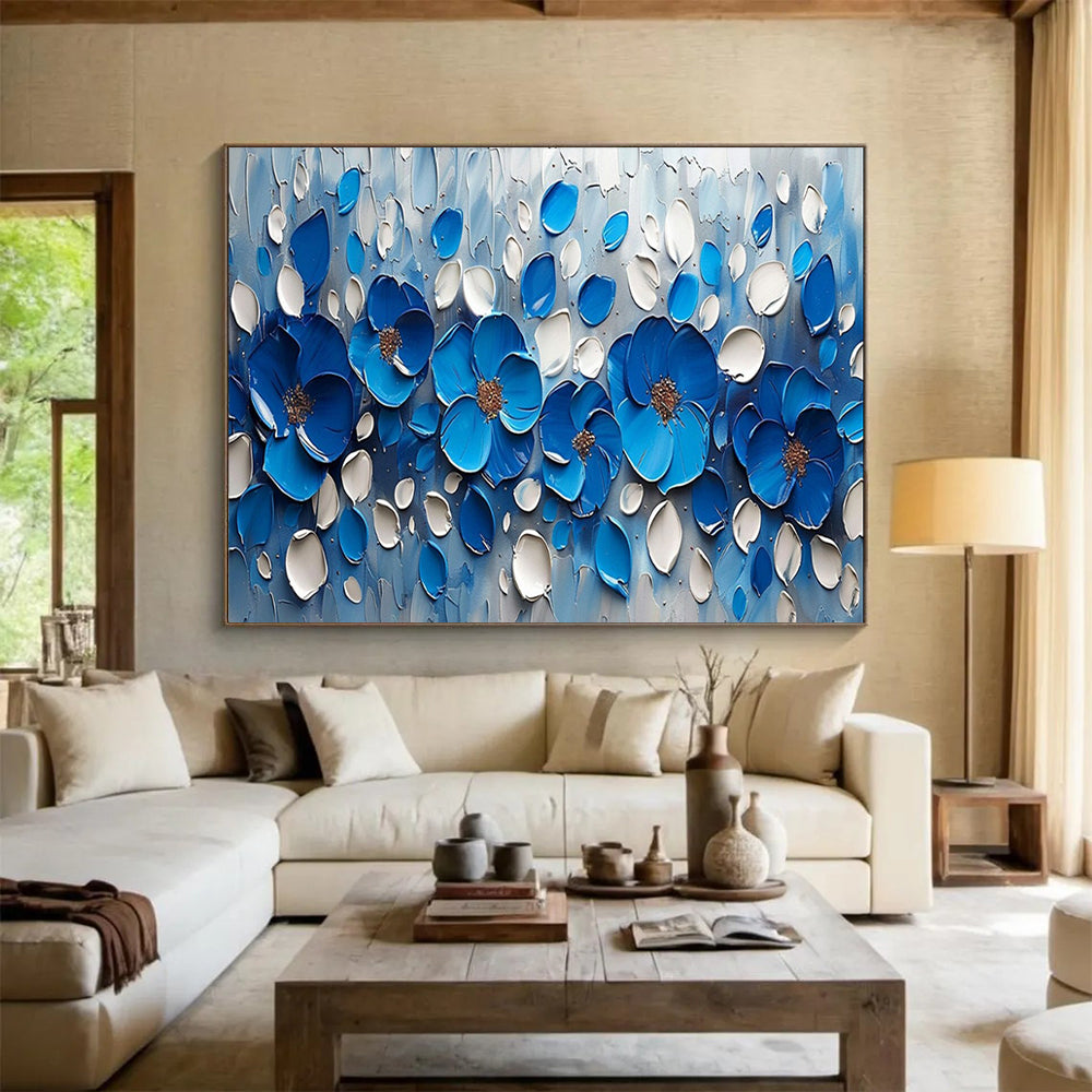 “3D Blue Floral Burst” - Sculptural Flower Painting On Canvas PT173