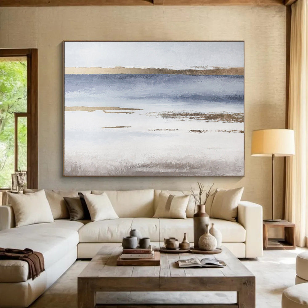 Blue and Gold Coastal Abstract Minimalist Seascape Painting On Canvas DKS135