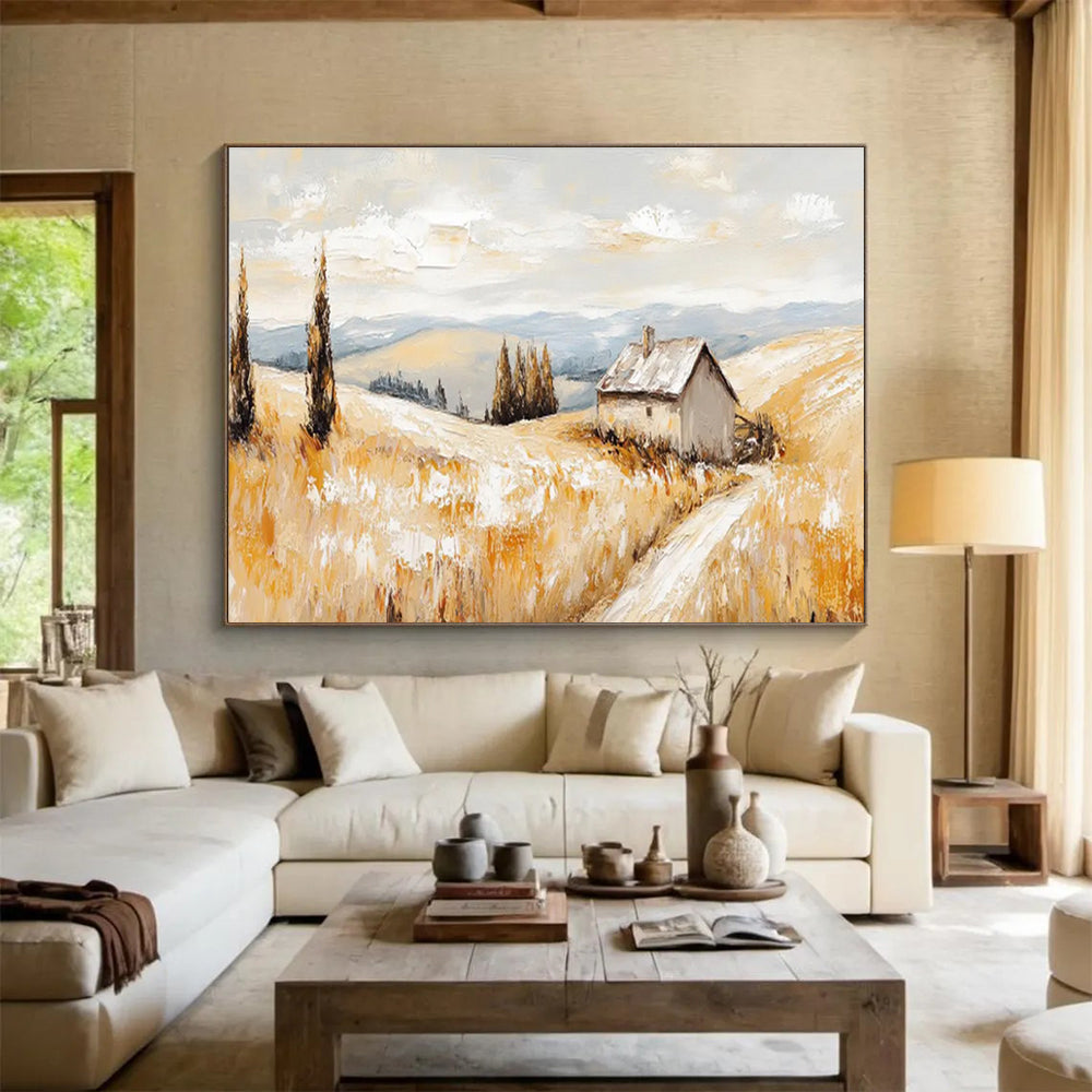 “Golden Field Cottage” - Impressionistic Landscape Painting On Canvas DKS461