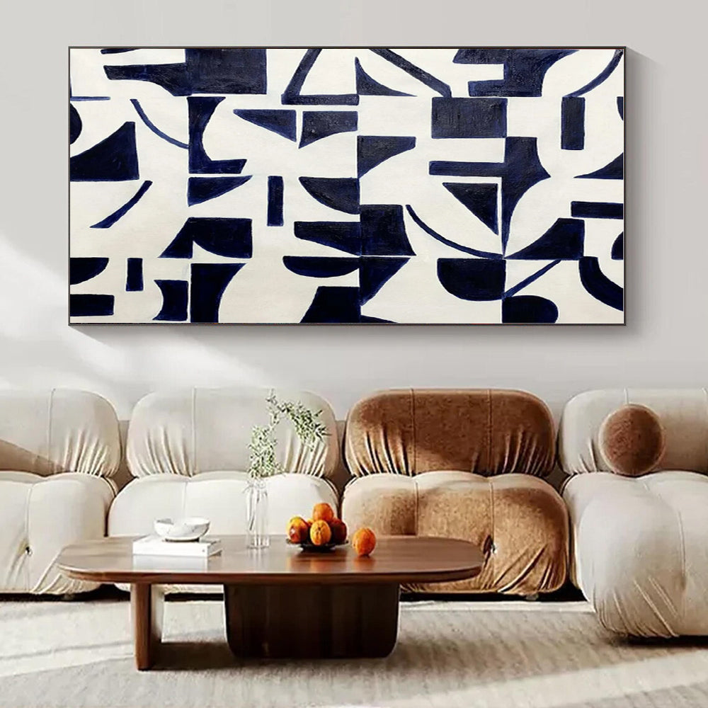 Navy, White with Geometric Shapes "Geometric Pulse" Abstract Painting On Canvas PS1327