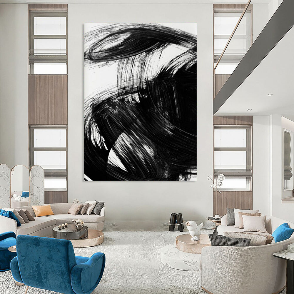 “Dynamic Black Brushstrokes” - Bold, Swirling Forms on White Background Painting On Canvas DS195