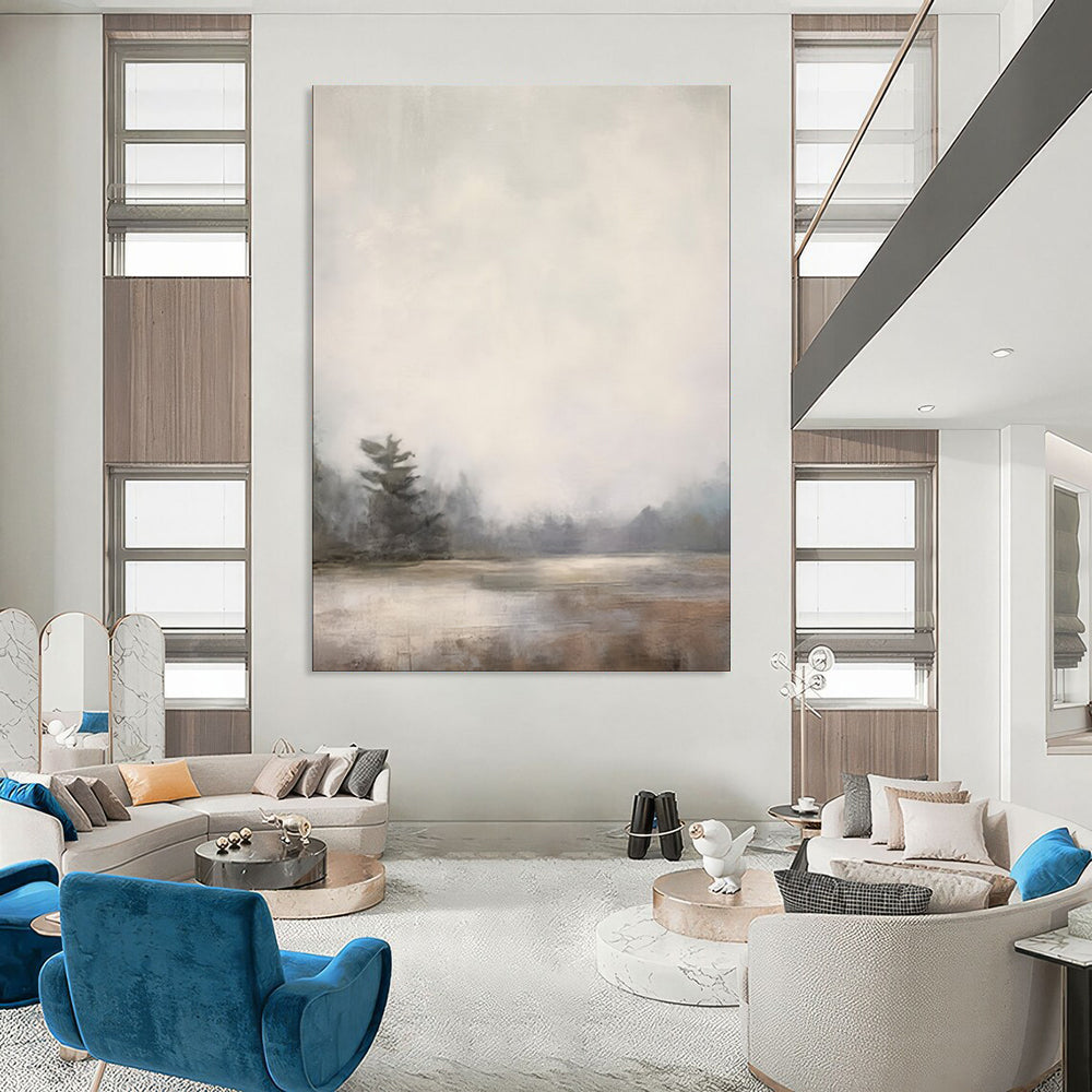“Misty Lakeside Forest in Soft Neutrals” - Landscape Painting On Canvas PT2058