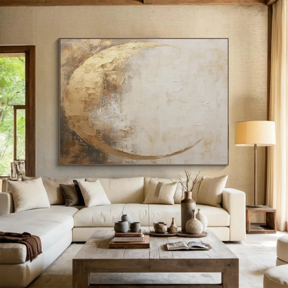 “Gold and Beige Abstract Moon” - Textured Minimalist Painting On Canvas PT081