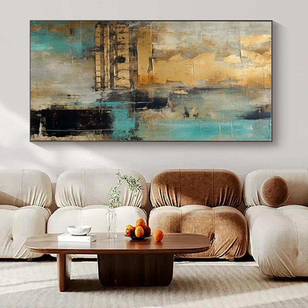 Gold, Teal, Gray with Textured Layers "Gilded Teal Dream" Abstract Painting On Canvas PS1281