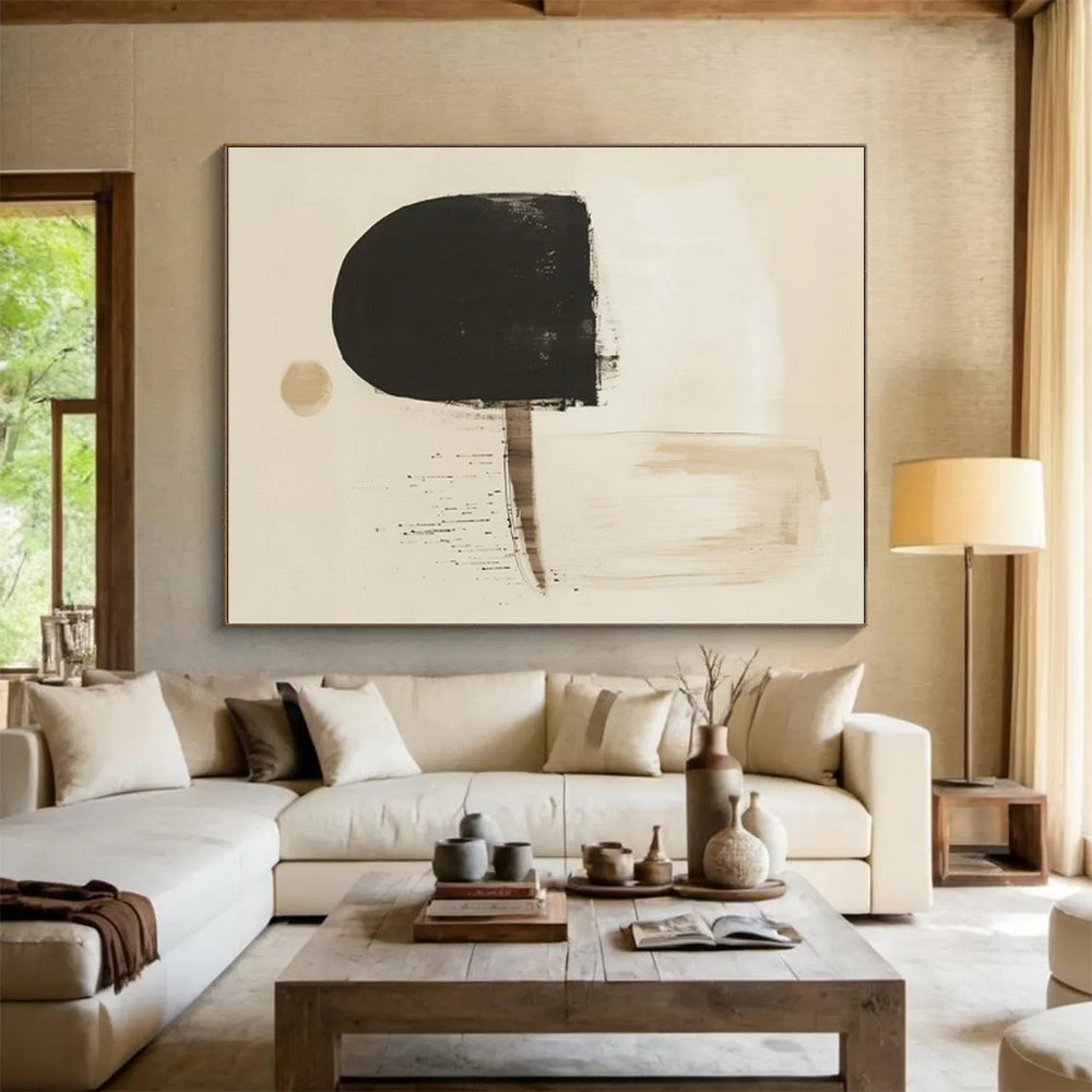 “Subtle Beige - Black Abstract Shapes” - Contemporary Abstract Painting On Canvas PS0275