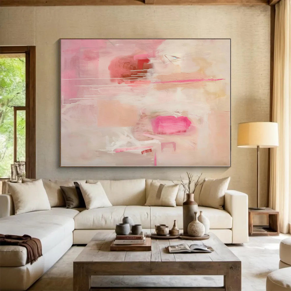 “Pink - Beige Abstract Drips” - Pink, Beige Abstract Expressionist Painting On Canvas PS0440