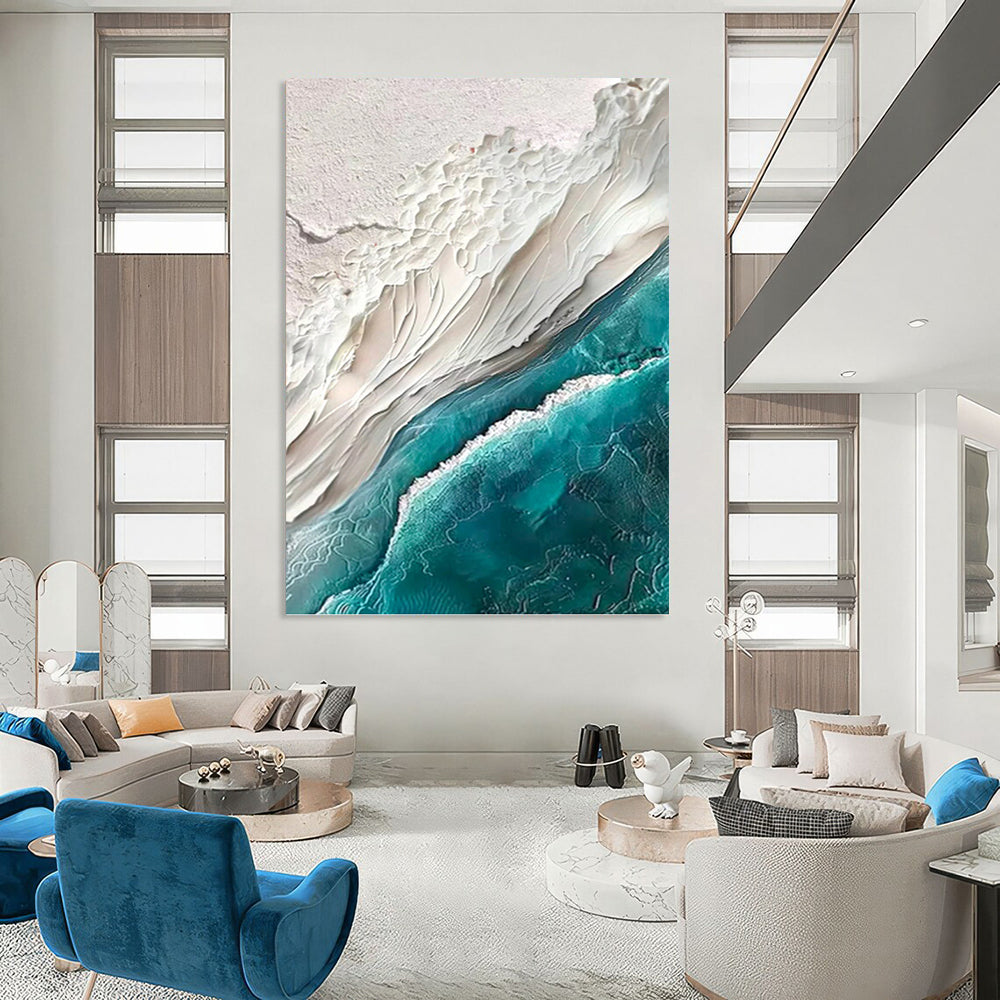 “White - Teal Textured Coast” - Impressionist - Inspired Seascape Painting On Canvas PT1394