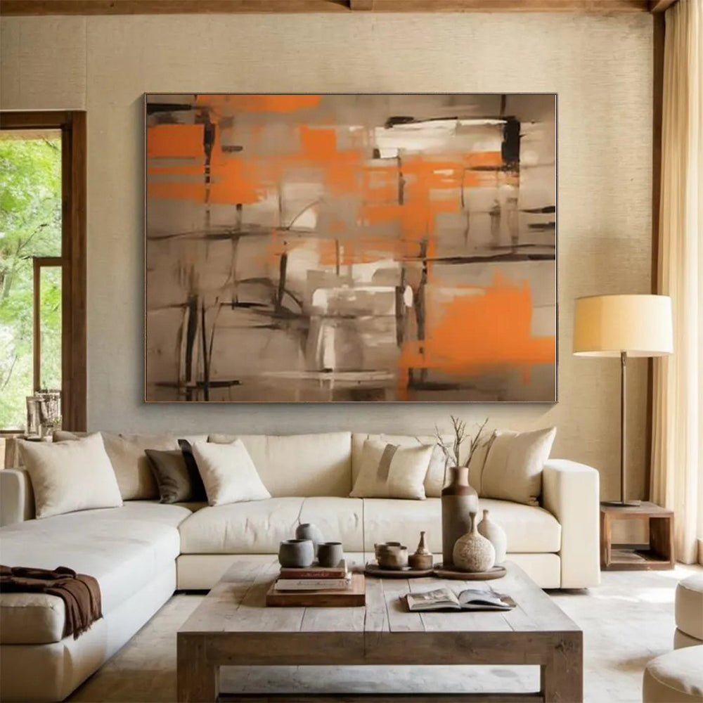 Orange & Grey Abstract Grid Painting On Canvas PS0816